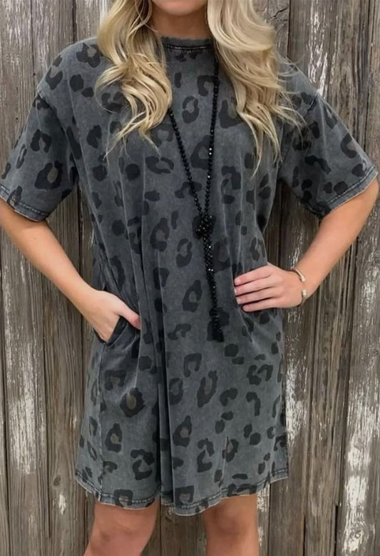 Vintage Stone Wash Leopard Pocket Mini Dress