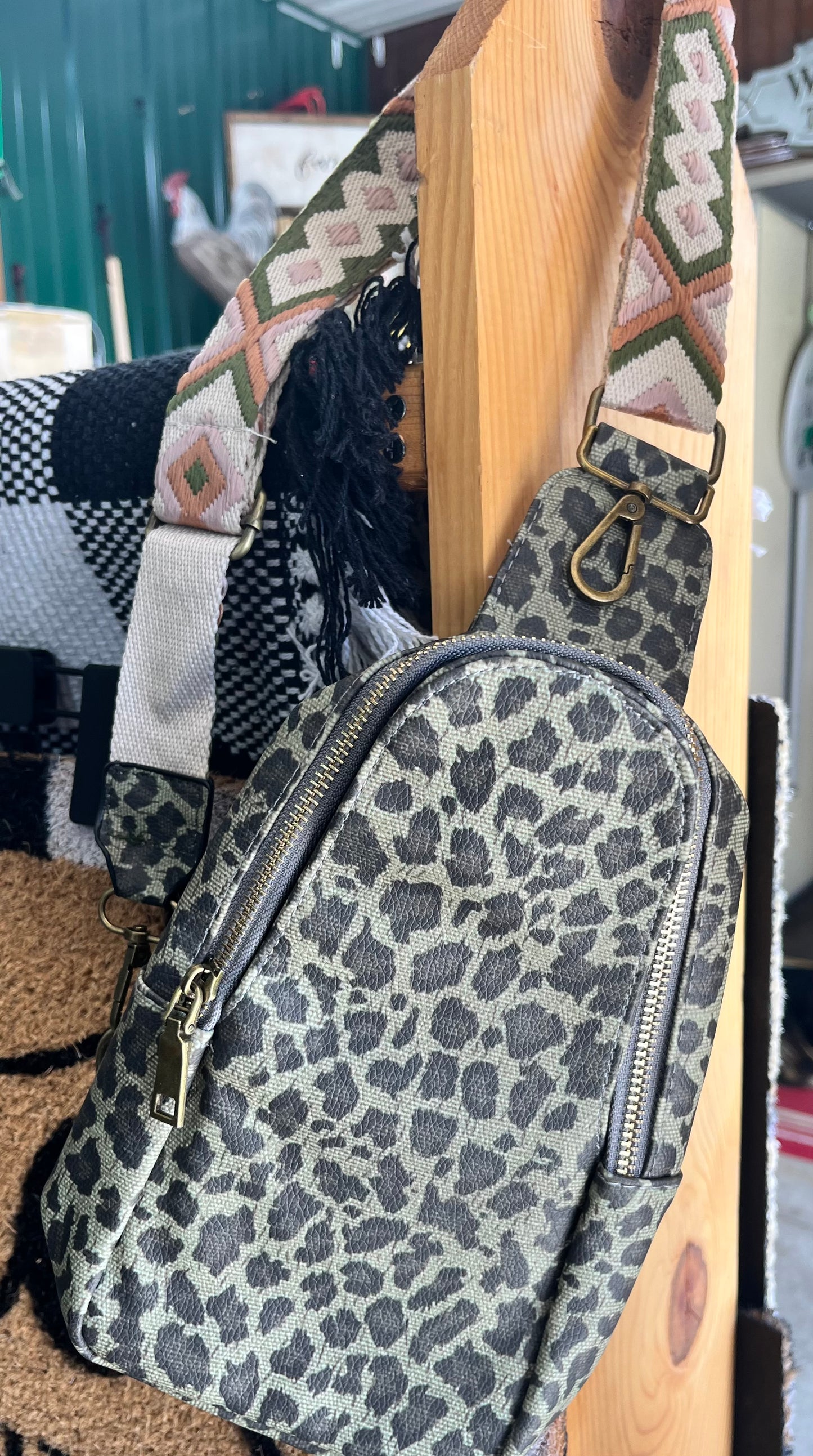 Crossbody Aztec Strap Leopard Print Bag