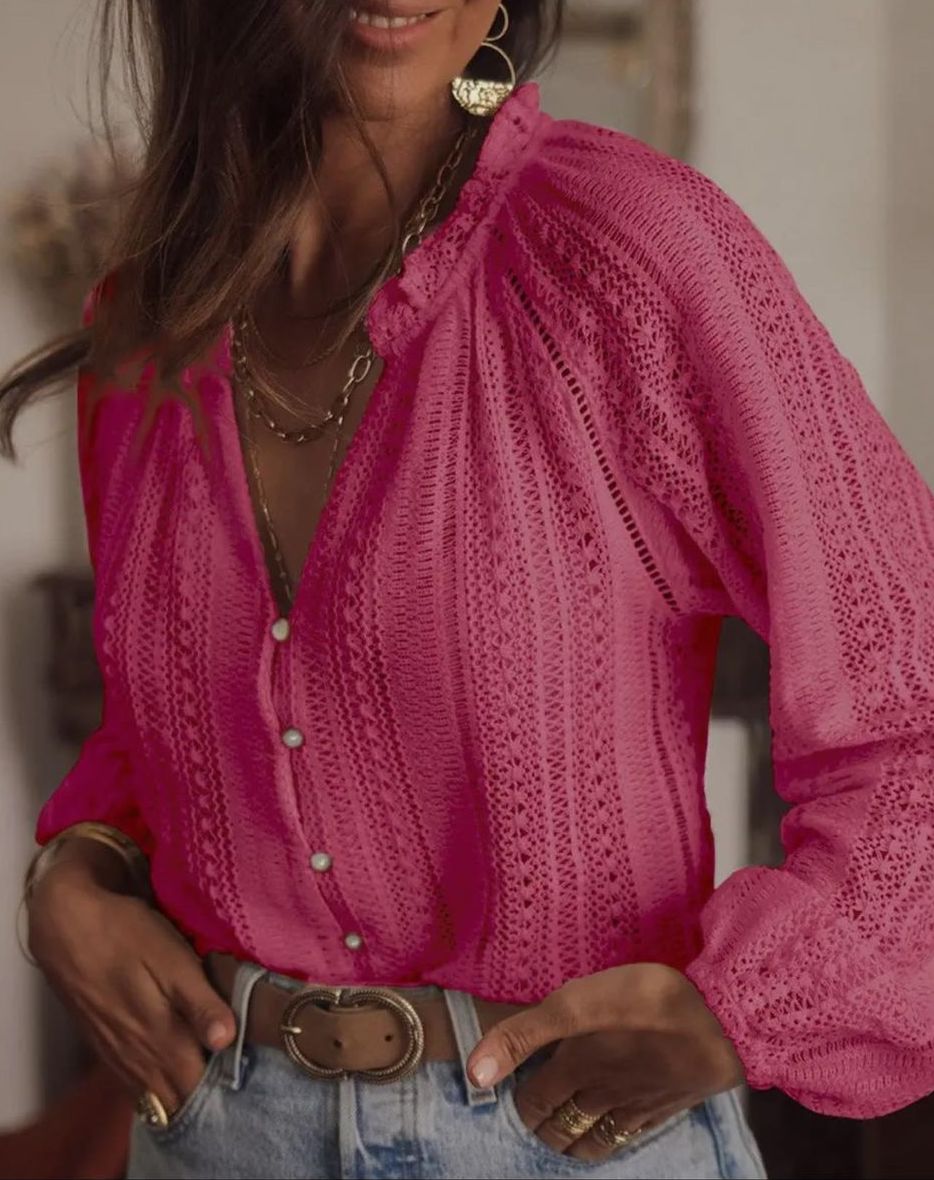 V-Neck Long Sleeve Lace Shirt - Pink