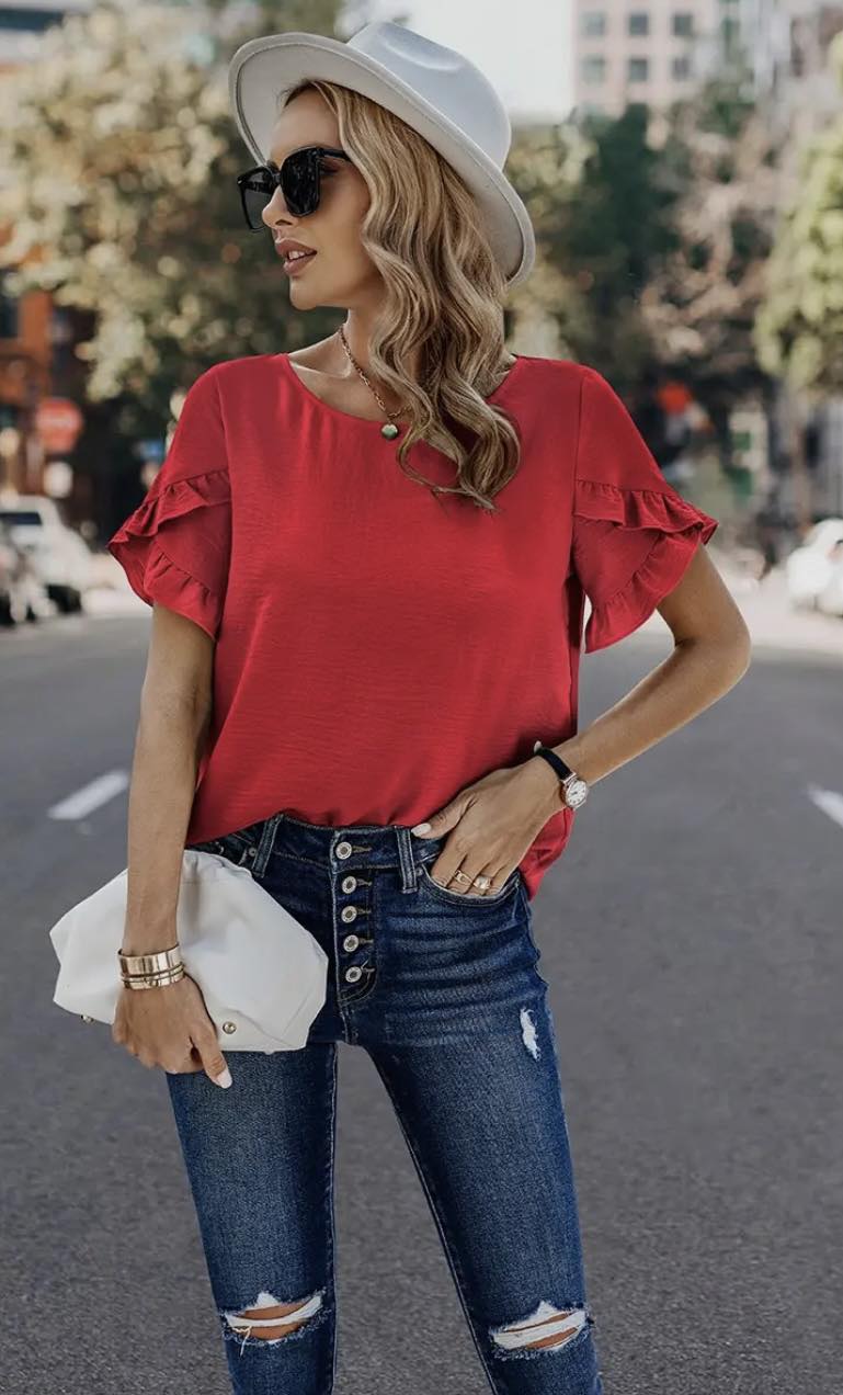 Red Solid Round Neck Ruffle Loose Fit Top