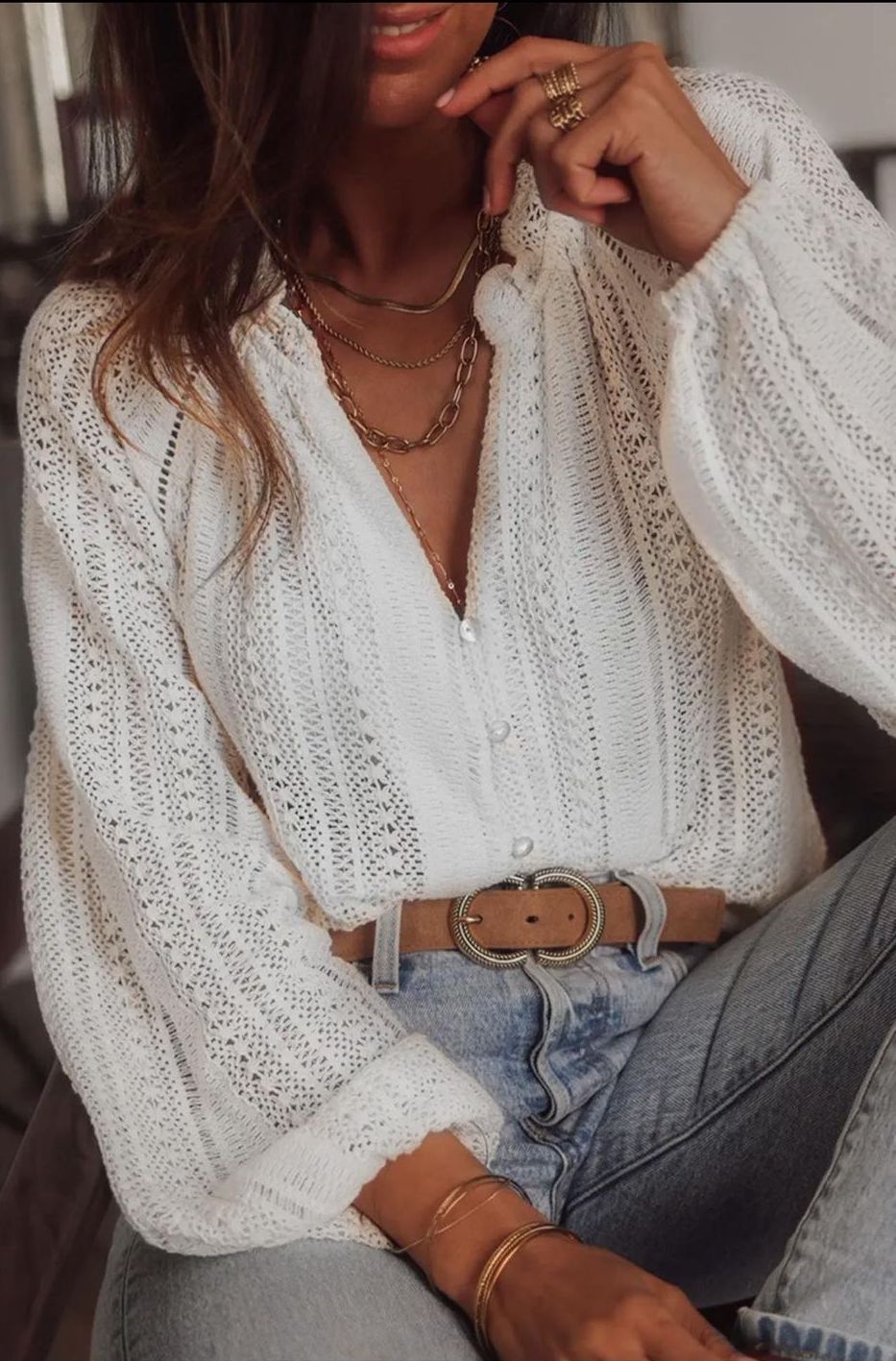 V-Neck Long Sleeve Lace Shirt - Ivory