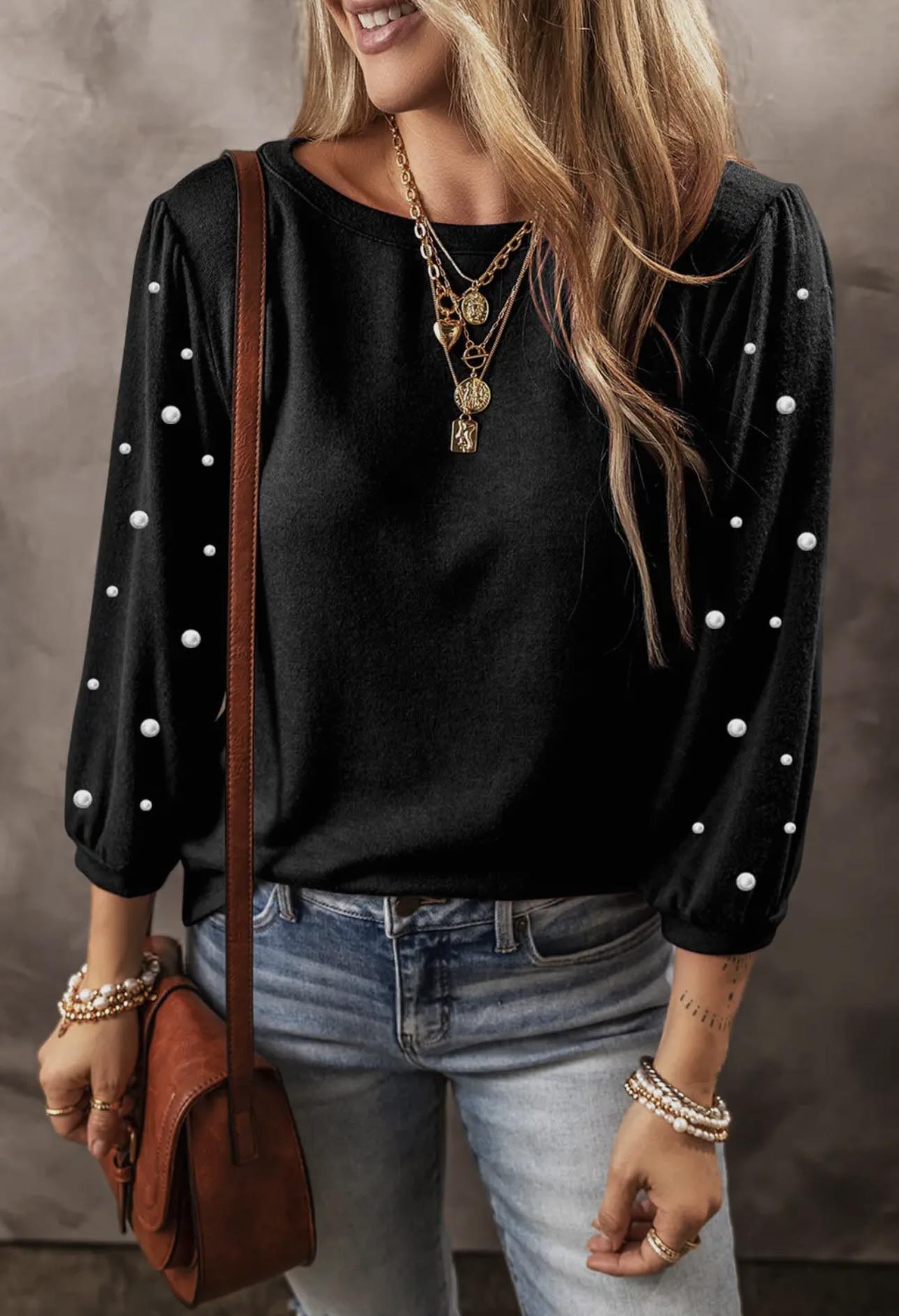 Black Sweater With Pearls On 3/4 Sleeves