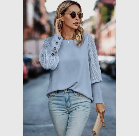 Button Back Puff Sleeve Loose Fit Solid Blouse