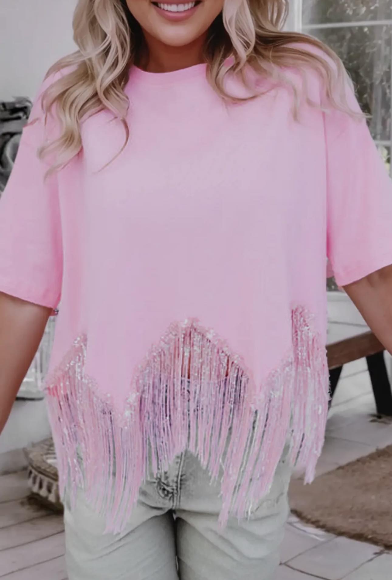 Fringed Sequin Crop T-Shirt/Multicolor