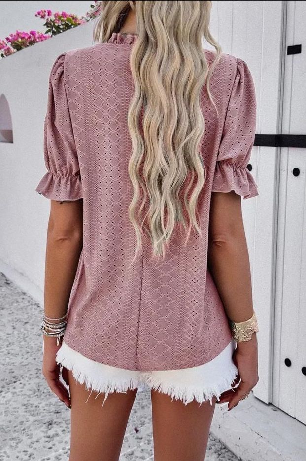 Mauve Lace Hollow Out Ruffle Loose Fit Blouse