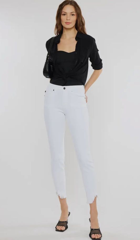 Kan Can White Cropped Jeans With Frayed Hem
