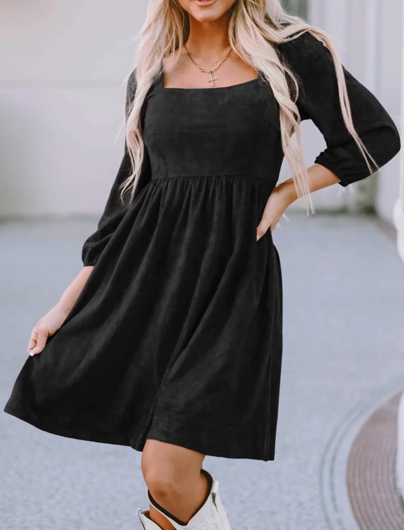 Suede-like Square Neck Dress